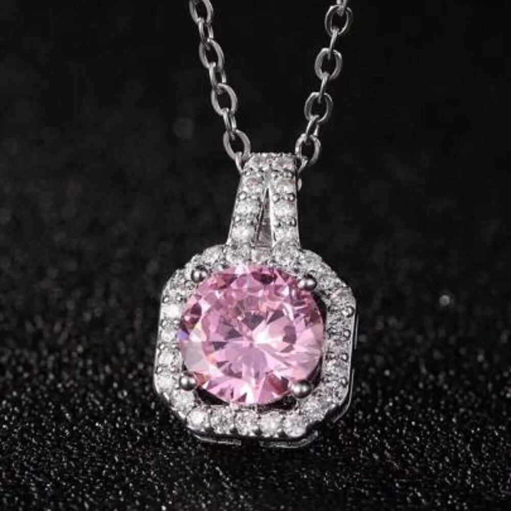 925 Sterling Silver Pink Sapphire Halo Pendant Necklace